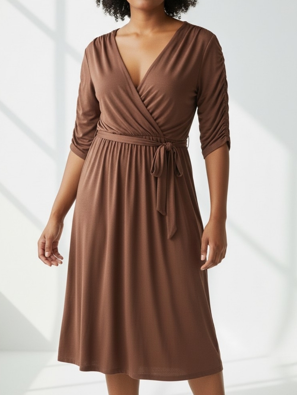 Lilian Vintage Elegant Cocoa Brown V-Neck Slinky Dress With Belt
